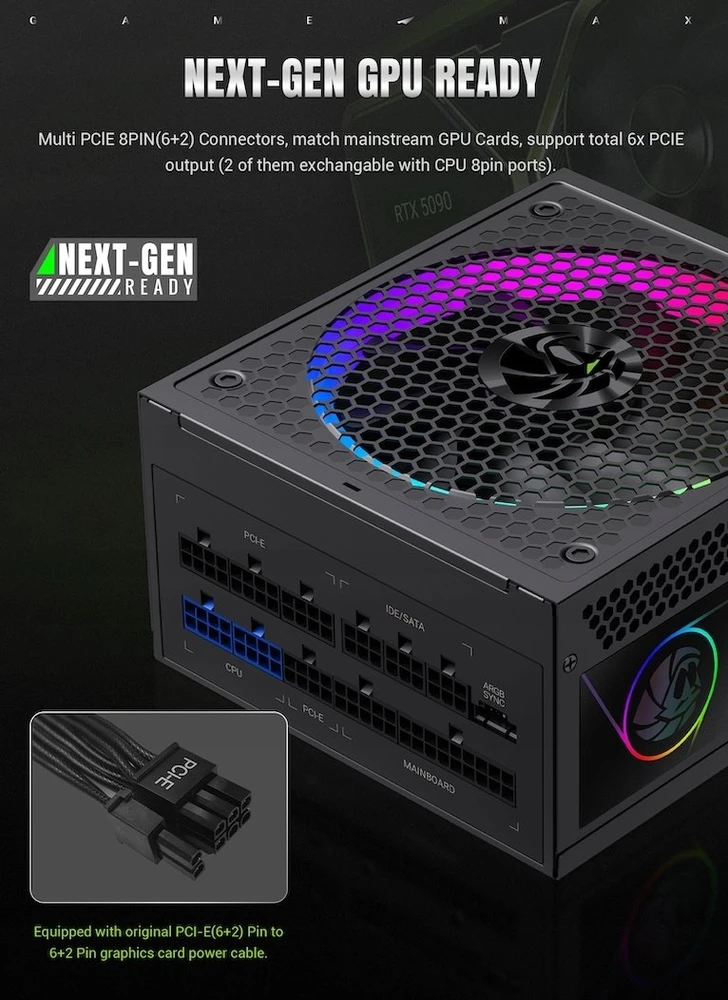 „Gamemax“ maitinimo blokas | RGB 850G | 850 W | Auksinis | Pilnai modulinis