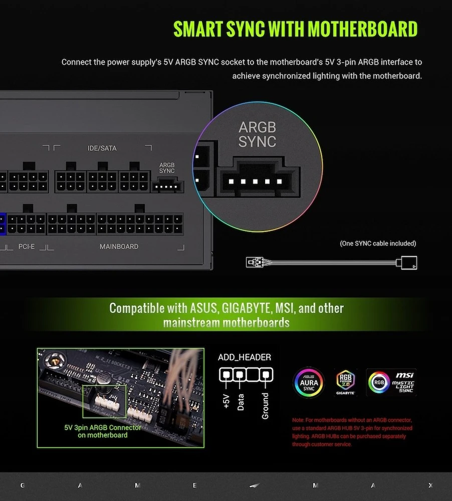„Gamemax“ maitinimo blokas | RGB 850G | 850 W | Auksinis | Pilnai modulinis