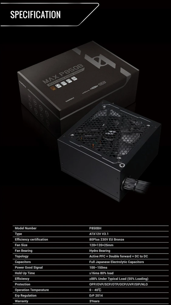 Gamemax PSU | MAX P850B | 850 W | Bronze | Non-Modular
