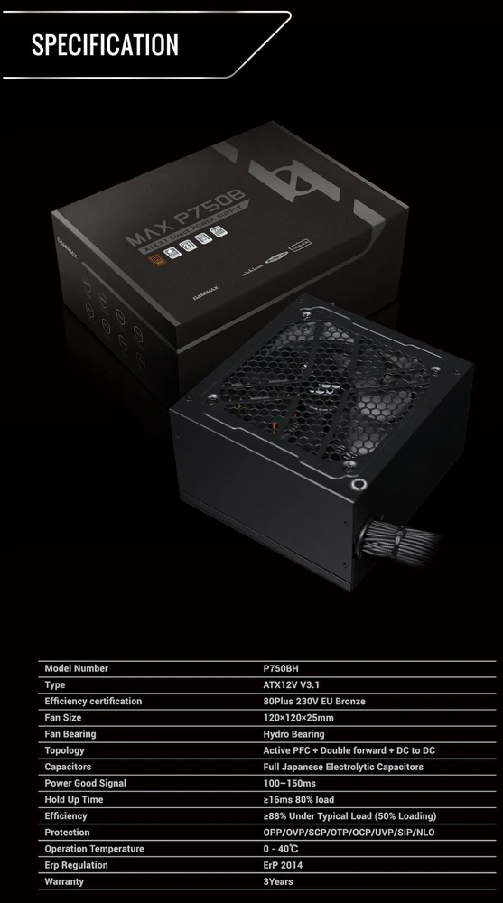 Gamemax PSU | MAX P750B | 750 W | Bronze | Non-Modular