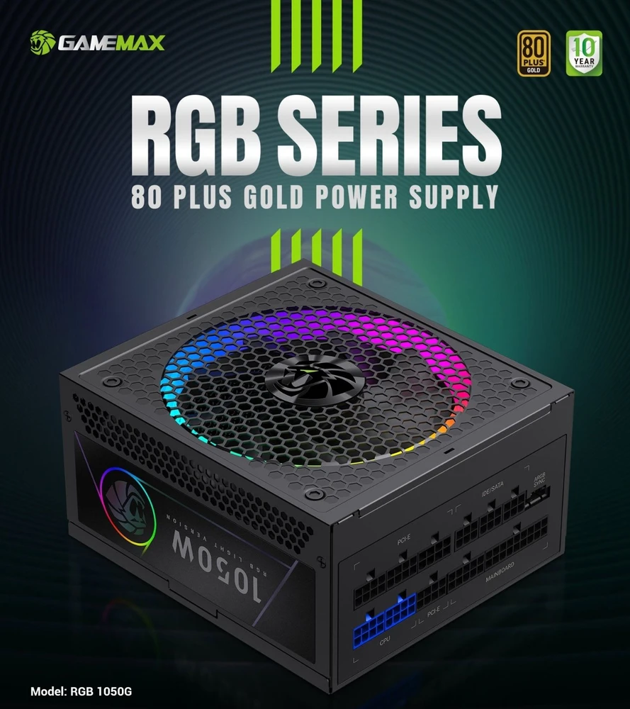 „Gamemax“ maitinimo blokas | RGB 1050G | 1050 W | Auksinis | Pilnai modulinis
