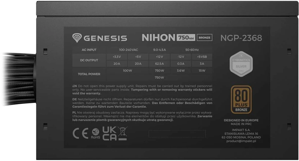 GENESIS Nihon 750NM maitinimo blokas 750 W 20+4 kontaktų ATX ATX Juodas
