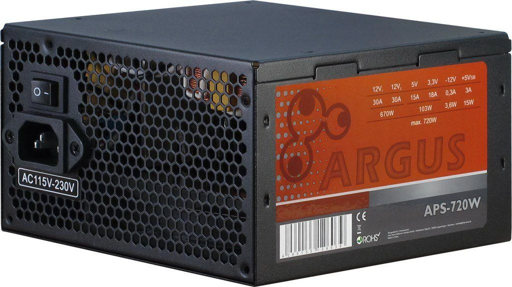 Maitinimo šaltinis INTER-TECH Argus APS 720W, efektyvumas 89,1%, dvigubas bėgis (30A/30A), 120 mm tylus ventiliatorius su automatiniu valdymu, 2x6+2pinPCIE, 4xSATA, 4xMolex, 1xFloppy, 1x4+4pinEPC/OPS, OVP/Active PCP/OPS OPP/UVP/OS apsauga