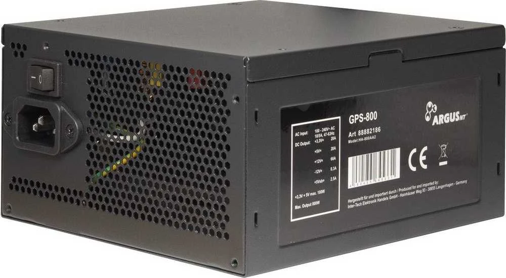 Maitinimo šaltinis INTER-TECH Argus GPS 800W, 80PLUS Gold, 140 mm ventiliatorius, intelektualus ventiliatoriaus valdymas (IFC), 4xPCI-e, OPP, SCP, OVP, OCP ir NLP apsauga