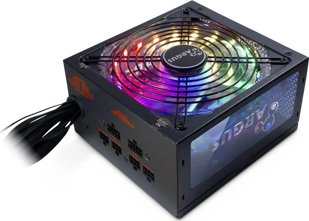 Maitinimo šaltinis INTER-TECH Argus RGB 750 W CM, 80PLUS Gold, 140 mm ventiliatorius su 21 itin ryškiu šviesos diodu, perjungiamas apšvietimas, akrilo stiklo šoninis skydelis, aktyvus PFC, 4xPCI-e, OPP/OVP/SCP apsauga, pusiau modulinis kabelių valdymas (rev. . 2)