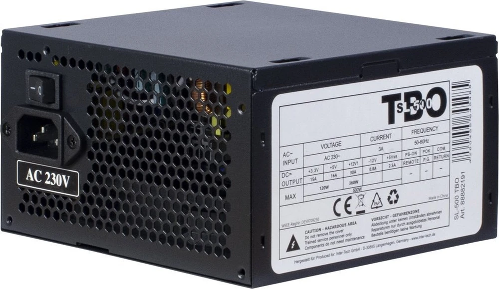Maitinimas INTER-TECH SL-500 TBO AC 230V, 50/60Hz, DC 3.3/5/±12V, 500W, Mažmeninė, Pasyvus PFC, 1x120, Juodas