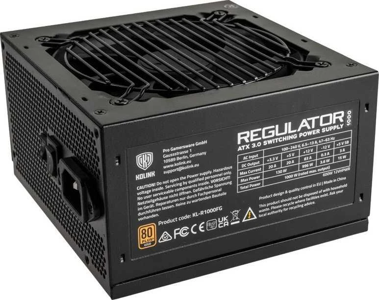 „Kolink Regulator 80 PLUS Gold“ maitinimo blokas, ATX 3.0, PCIe 5.0, modulinis – 1000 vatų