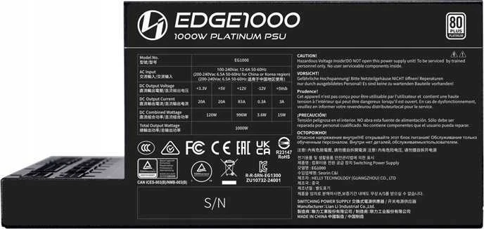 Lian Li EDGE EG1000 80 PLUS Platinum PSU, PCIe 5.1, ATX 3.1 – 1000 Watt, juodos spalvos