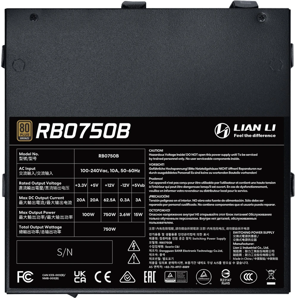 Lian Li RB serijos 80 PLUS Bronze maitinimo šaltinis, pusiau modulinis, PCIe 5.1, ATX 3.1 × 750 vatų, juodas