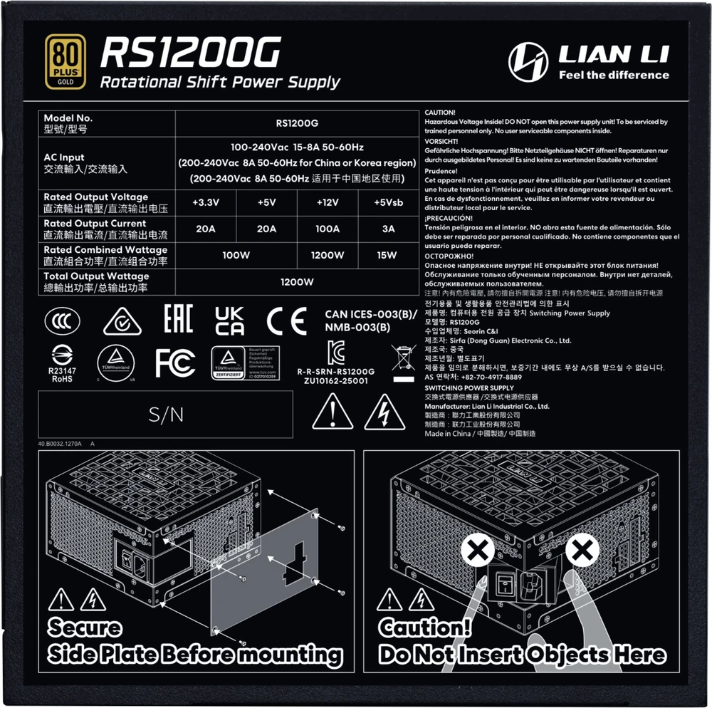 Lian Li RS serijos 80 PLUS Gold maitinimo šaltinis, ATX 3.1, modulinis · 1200 vatų, su RS šakotuvu, juodas