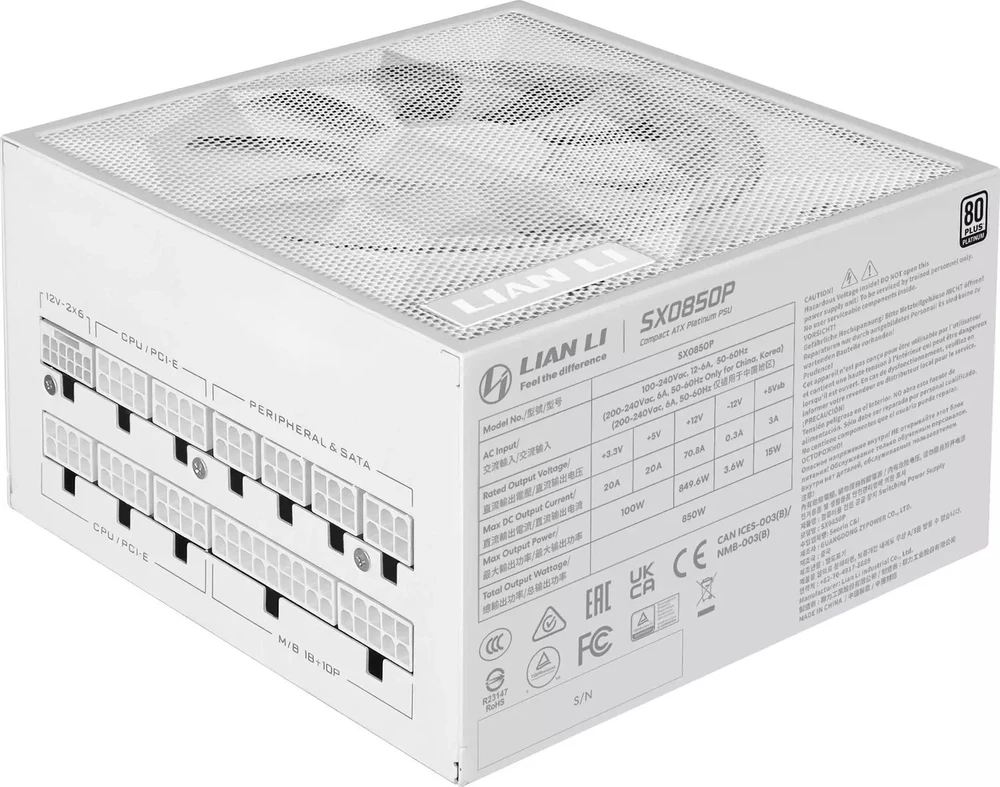 Lian Li SX serijos 80 PLUS Platinum maitinimo šaltinis, pilnai modulinis, PCIe 5.1, ATX 3.1 × 850 vatų, baltas