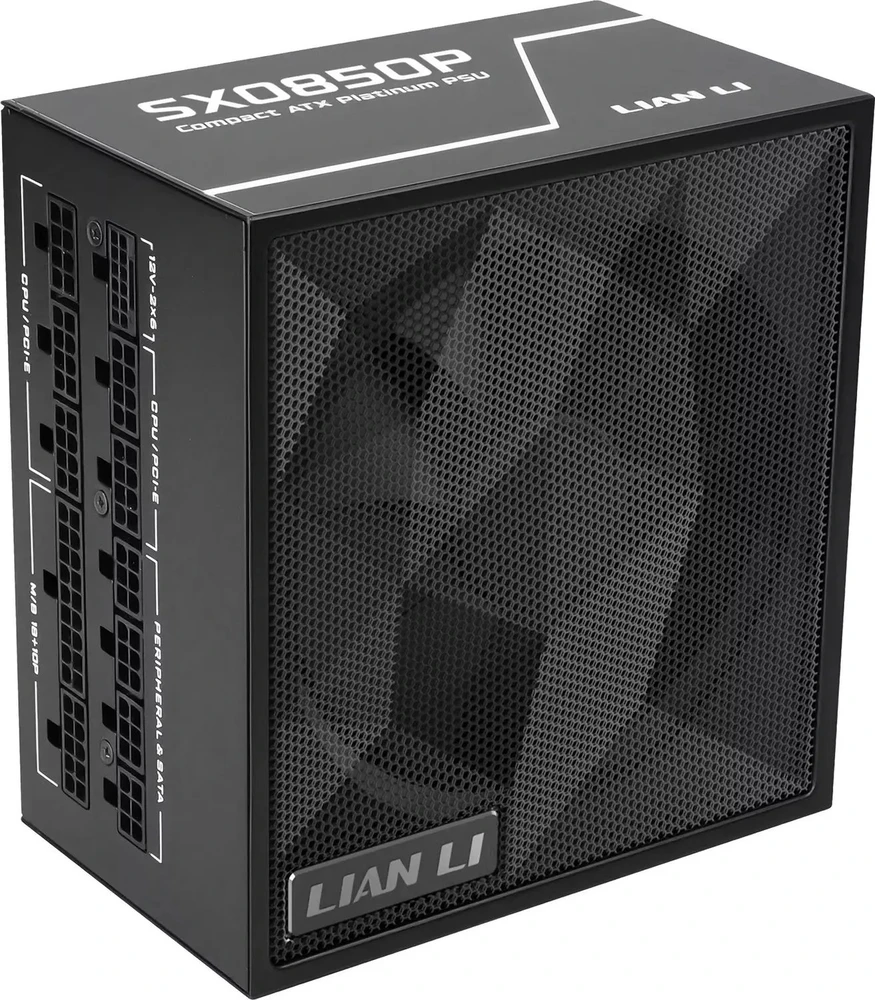 Lian Li SX serijos 80 PLUS Platinum maitinimo šaltinis, pilnai modulinis, PCIe 5.1, ATX 3.1 × 850 vatų, juodas