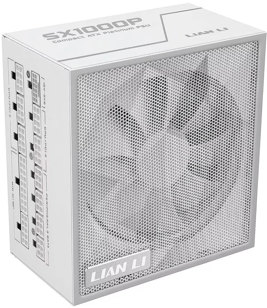 Lian Li SX serijos 80 PLUS Platinum maitinimo šaltinis, pilnai modulinis, PCIe 5.1, ATX 3.1 × 1000 vatų, baltas