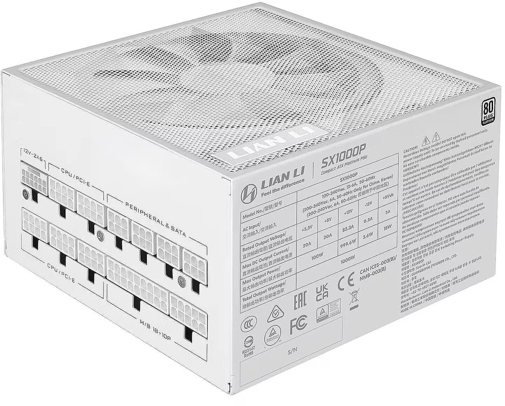 Lian Li SX serijos 80 PLUS Platinum maitinimo šaltinis, pilnai modulinis, PCIe 5.1, ATX 3.1 × 1000 vatų, baltas