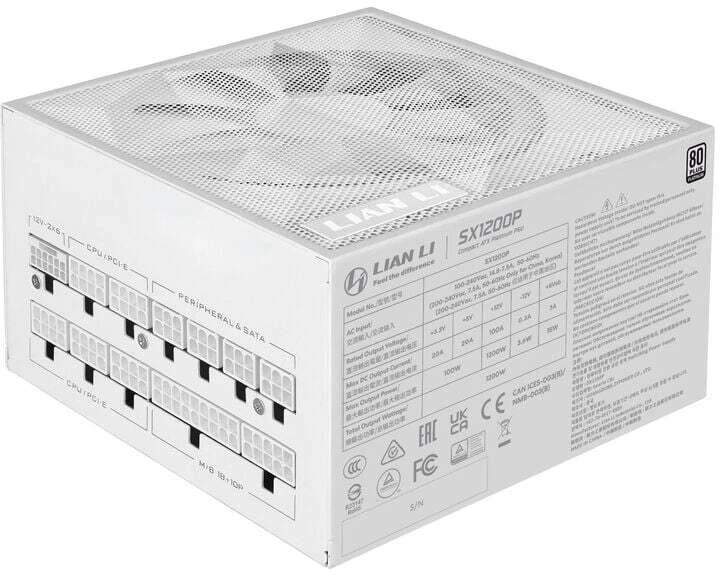 Lian Li SX serijos 80 PLUS Platinum maitinimo šaltinis, pilnai modulinis, PCIe 5.1, ATX 3.1 × 1200 vatų, baltas