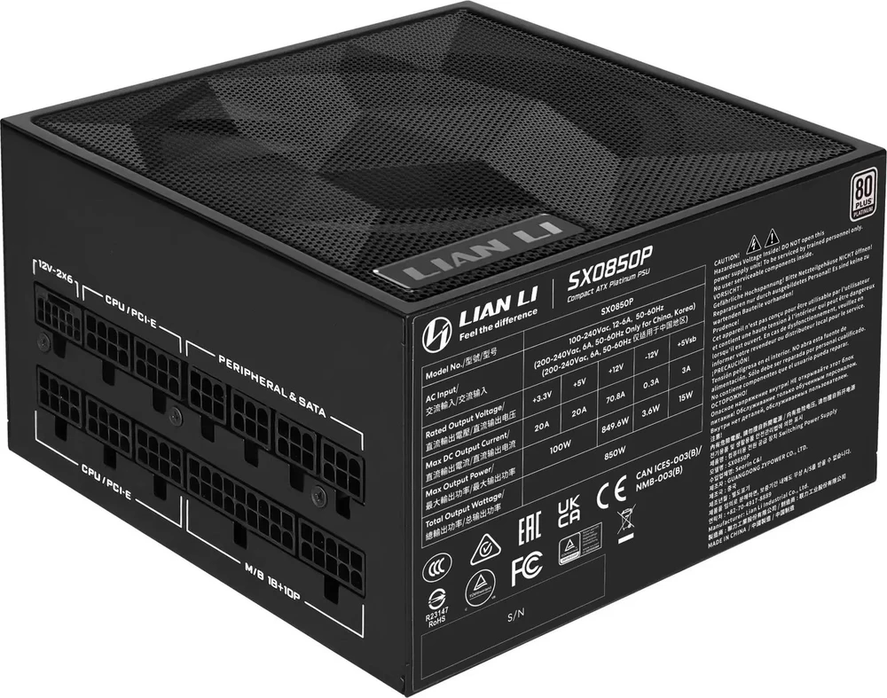 Lian Li SX serijos 80 PLUS Platinum maitinimo šaltinis, pilnai modulinis, PCIe 5.1, ATX 3.1 × 850 vatų, juodas