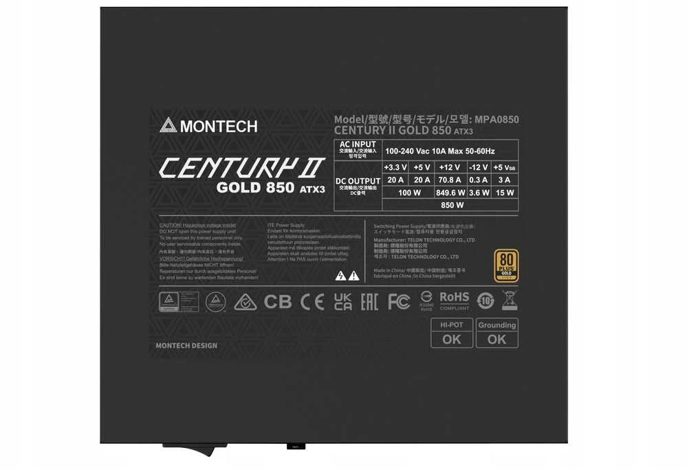 „Montech Century II 80 PLUS Gold“ maitinimo šaltinis, pilnai modulinis, ATX 3.1, PCIe 5.1 × 850 vatų