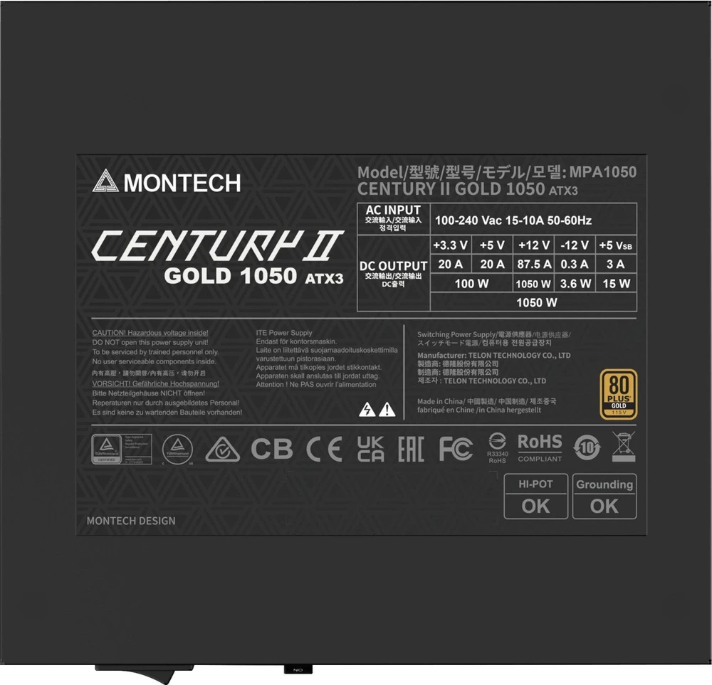 „Montech Century II 80 PLUS Gold“ maitinimo šaltinis, pilnai modulinis, ATX 3.1, PCIe 5.1 × 1050 vatų