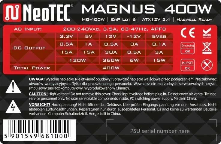 NeoTec Magnus 400W maitinimo šaltinis (MG-400W)
