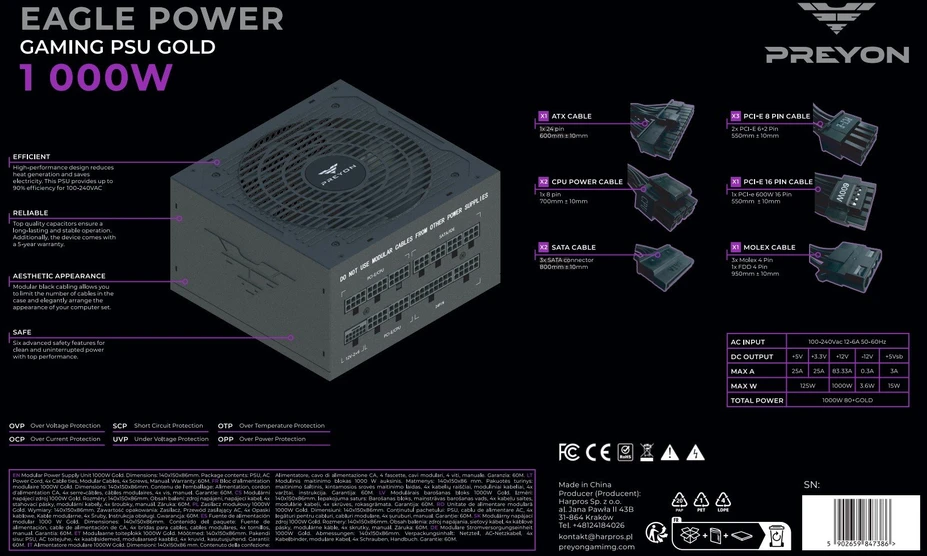 Maitinimo šaltinis PREYON Eagle Power GOLD 1000W (PEPG1000W)
