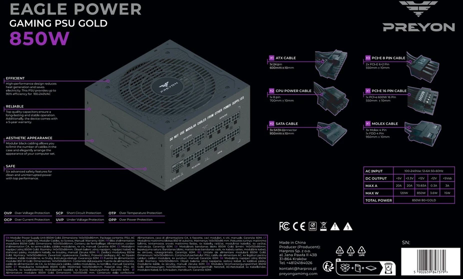Maitinimo šaltinis PREYON Eagle Power GOLD 850W (PEPG850W)