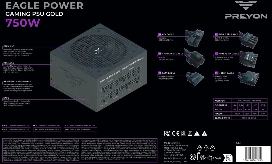 Maitinimo šaltinis PREYON Eagle Power GOLD 750W (PEPG750W)