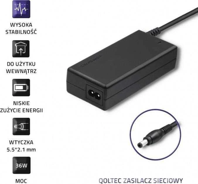 QOLTEC 50769 Stalinio kompiuterio maitinimo šaltinis 36W 12V 3A 5,5 x 2,1 + maitinimo kabelis