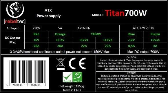 Maitinimo šaltinis Rebeltec ATX 2.3 Titan 700W