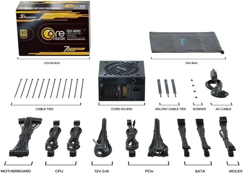 Seasonic Core GX 80 PLUS Gold PSU, modular, ATX 3.1, PCIe 5.1 – 850 Watt, juodos spalvos