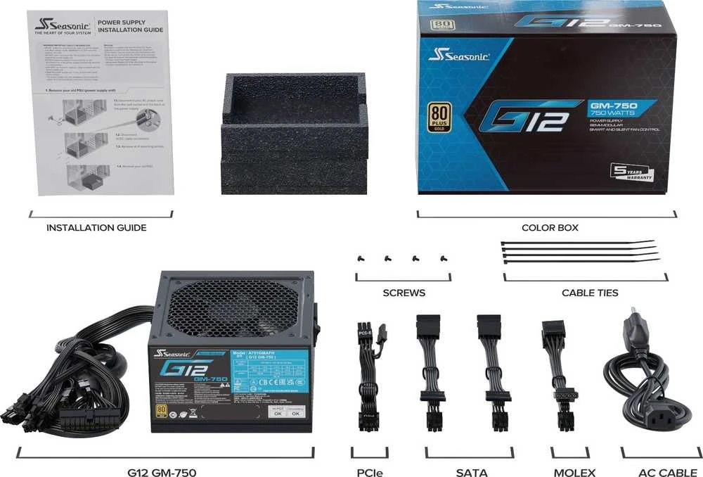 Seasonic G12 GM 80 PLUS Gold maitinimo šaltinis, pusiau modulinis – 750 vatų, juodas