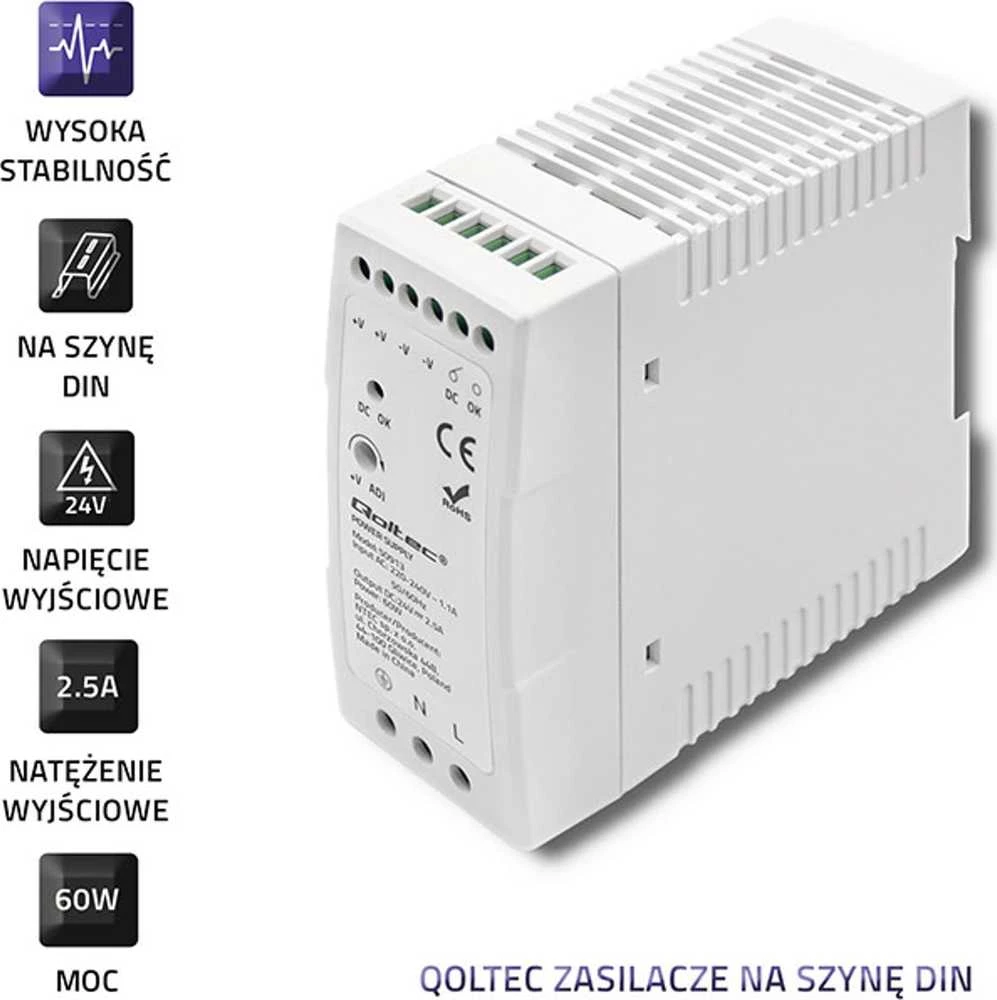 Qoltec DIN bėgelio maitinimo šaltinis 60W 24V 2.5A baltas plonas