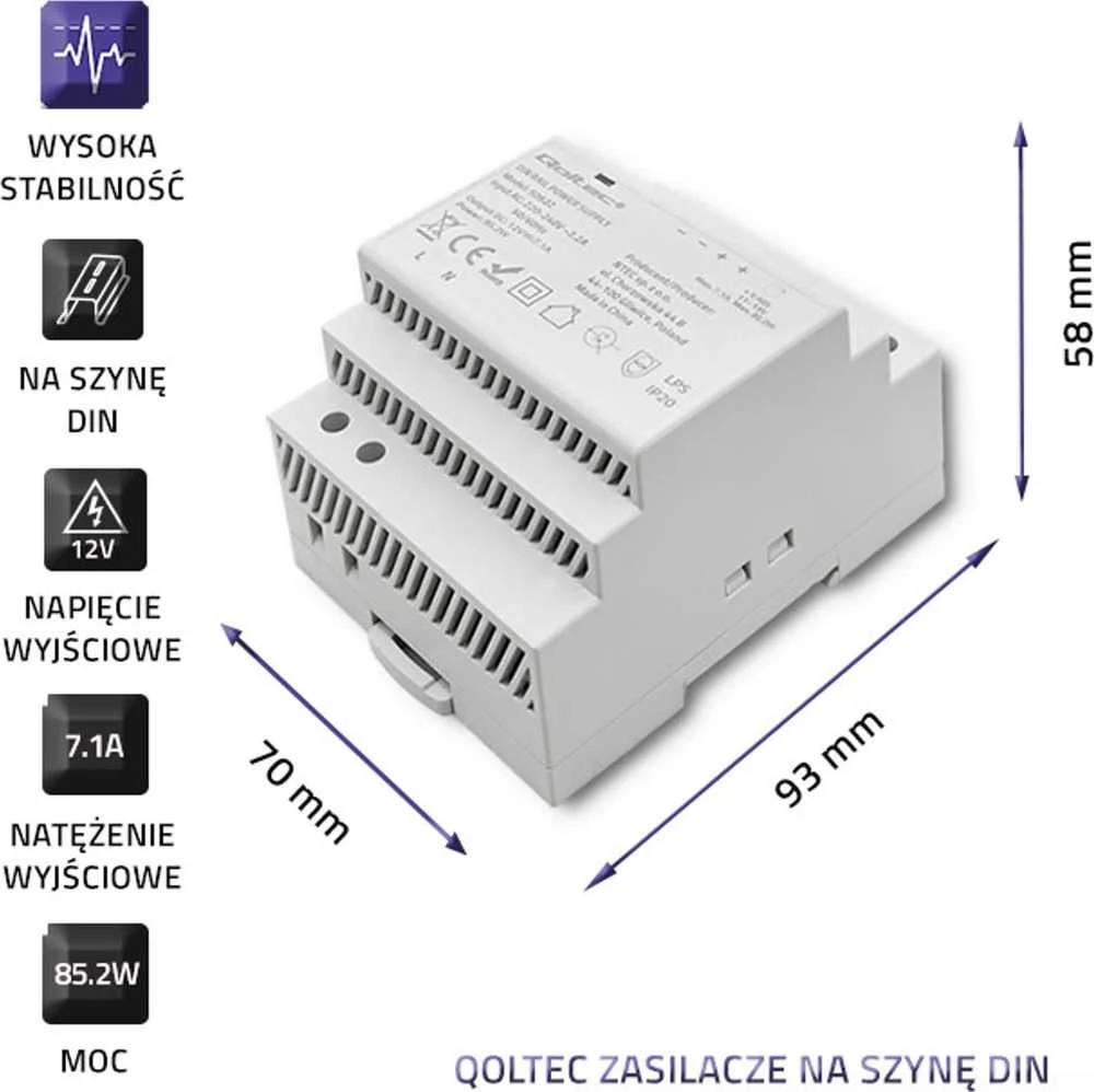 Qoltec Maitinimo šaltinis na szynę DIN | 85.2W | 12V | 7.1A | Pilka