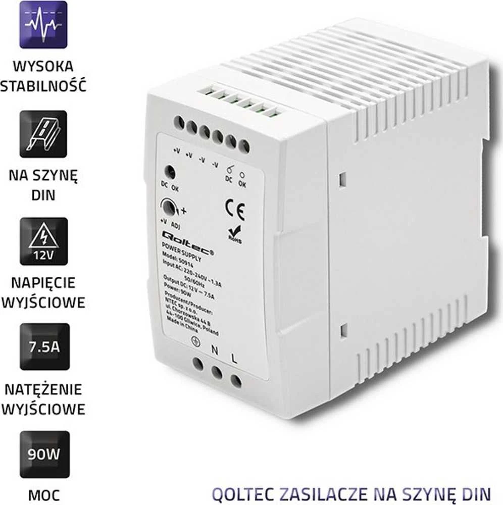 Qoltec DIN bėgelio maitinimo šaltinis 90W 12V 7.5A baltas plonas