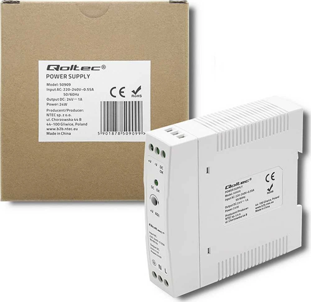 Qoltec DIN bėgelio maitinimo šaltinis 24W 24V 1A baltas plonas