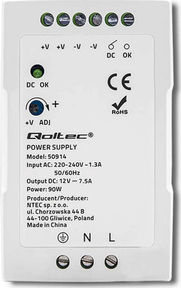 Qoltec DIN bėgelio maitinimo šaltinis 90W 12V 7.5A baltas plonas