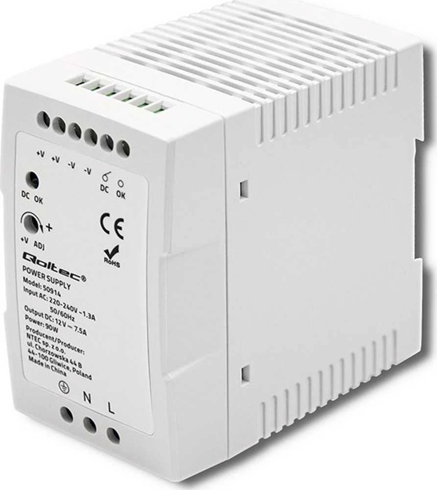 Qoltec DIN bėgelio maitinimo šaltinis 90W 12V 7.5A baltas plonas