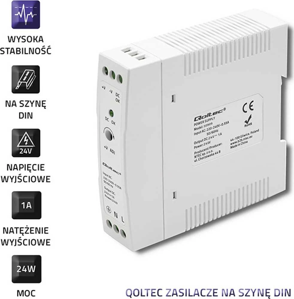 Qoltec DIN bėgelio maitinimo šaltinis 24W 24V 1A baltas plonas