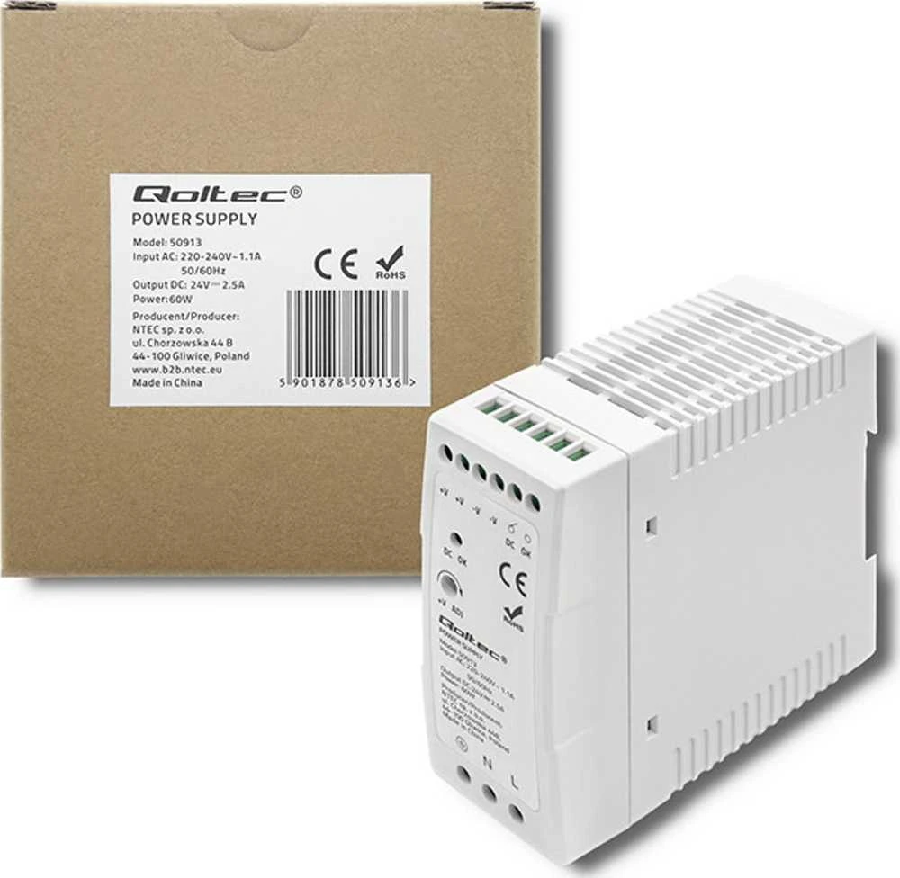 Qoltec DIN bėgelio maitinimo šaltinis 60W 24V 2.5A baltas plonas