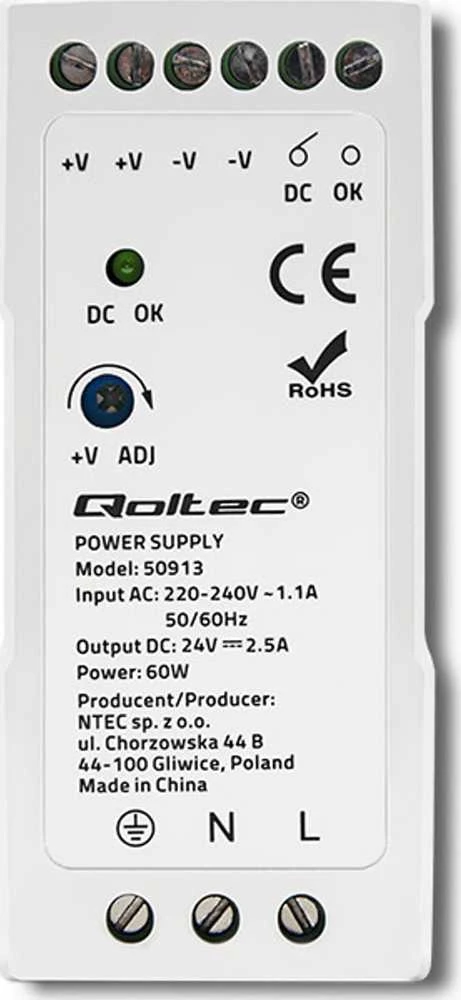 Qoltec DIN bėgelio maitinimo šaltinis 60W 24V 2.5A baltas plonas