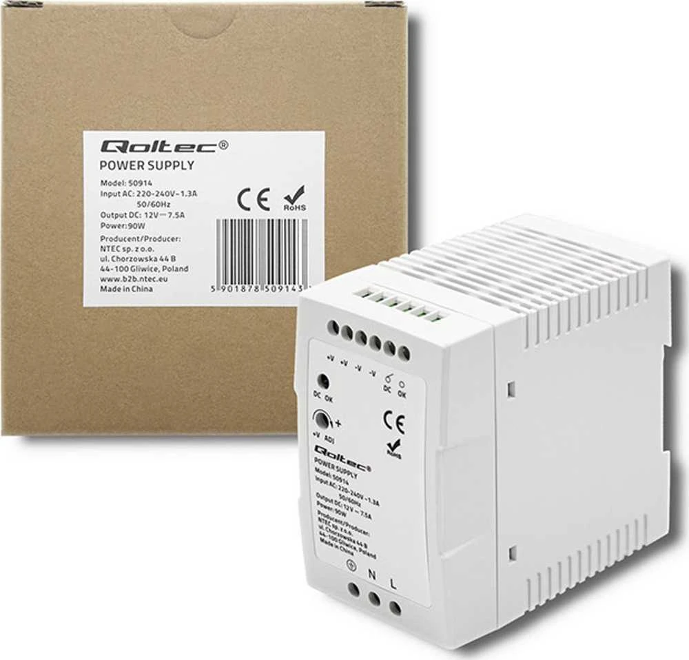 Qoltec DIN bėgelio maitinimo šaltinis 90W 12V 7.5A baltas plonas