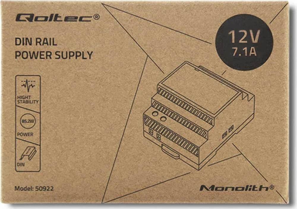 Qoltec Maitinimo šaltinis na szynę DIN | 85.2W | 12V | 7.1A | Pilka
