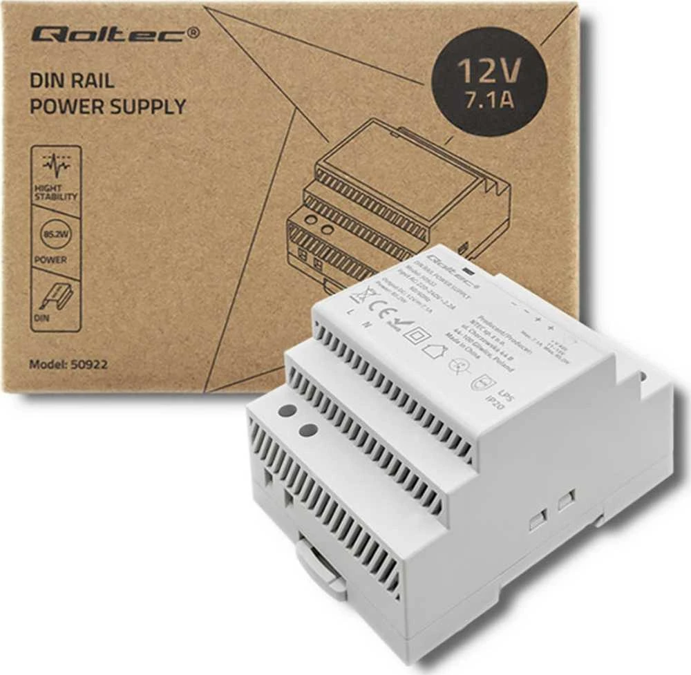 Qoltec Maitinimo šaltinis na szynę DIN | 85.2W | 12V | 7.1A | Pilka