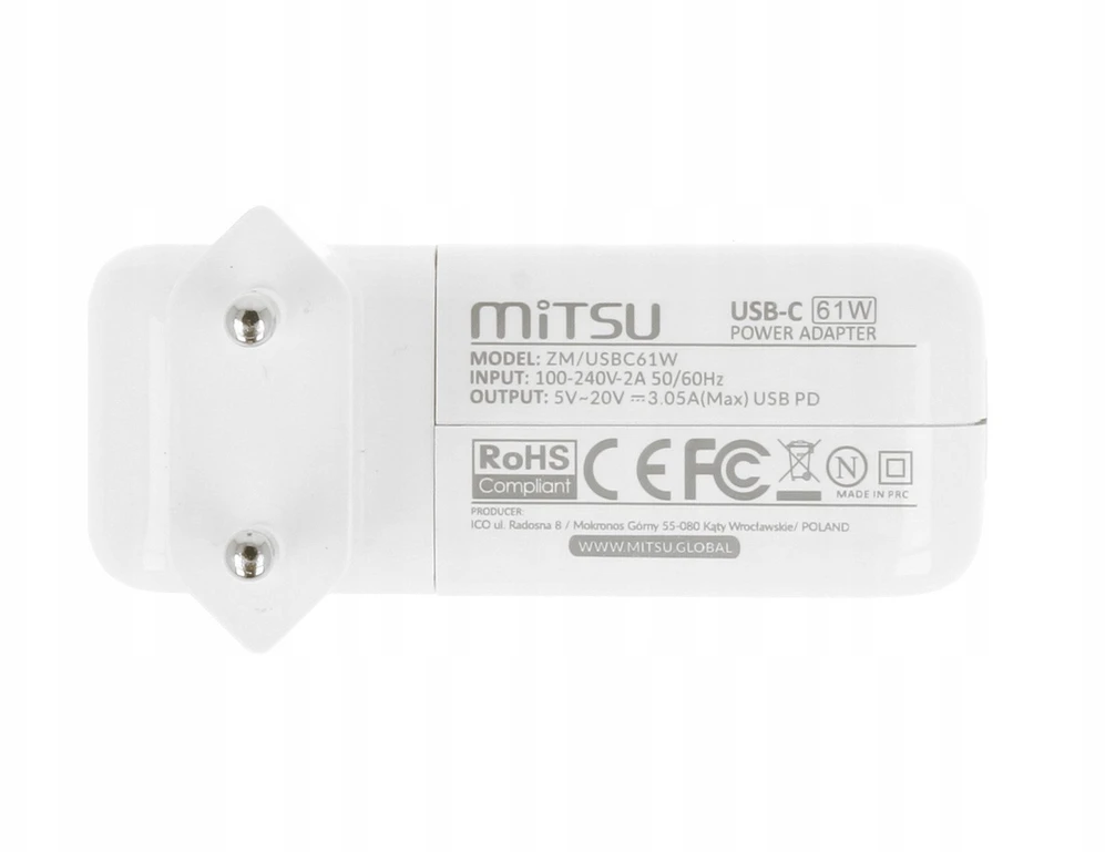 Mitsu USB-C maitinimo adapteris su technine etikete