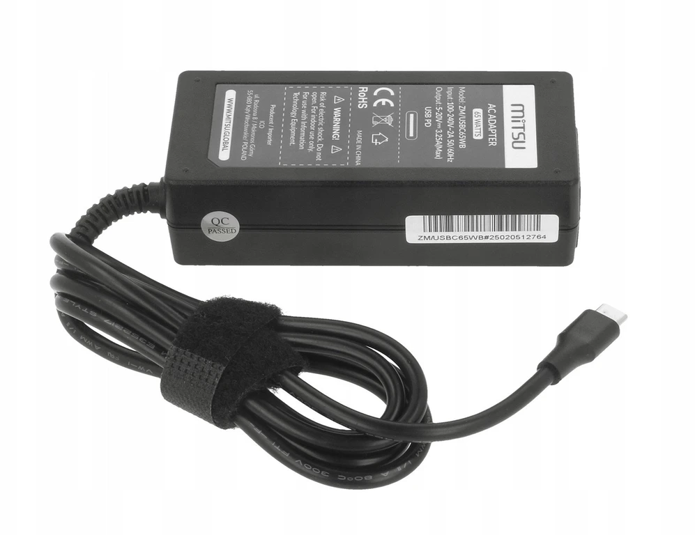 Nešiojamojo kompiuterio maitinimo adapteris Mitsu Maitinimo šaltinis sieciowy Mitsu 65W USB-C, USBC, 5-20V, 3-3.25A (juodas) do notebooka