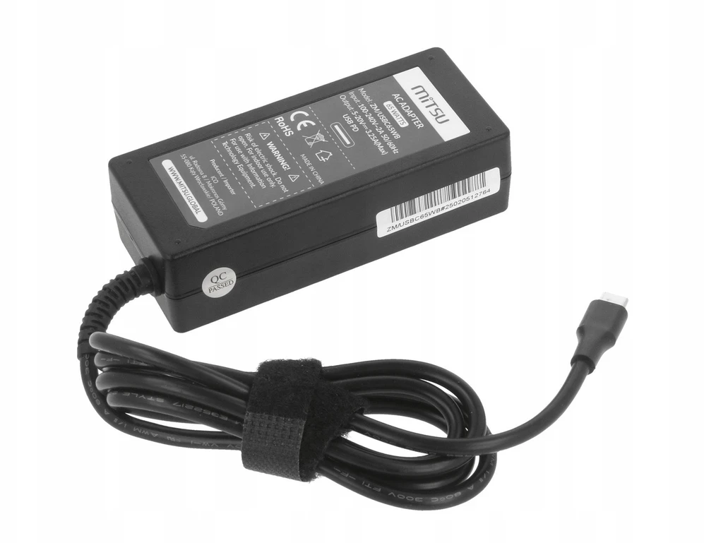 Nešiojamojo kompiuterio maitinimo adapteris Mitsu Maitinimo šaltinis sieciowy Mitsu 65W USB-C, USBC, 5-20V, 3-3.25A (juodas) do notebooka