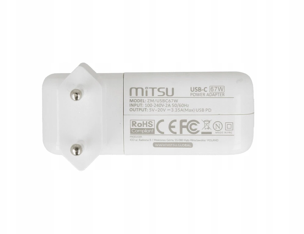 Mitsu 67W USB-C įkroviklis - techninių duomenų žymėjimas