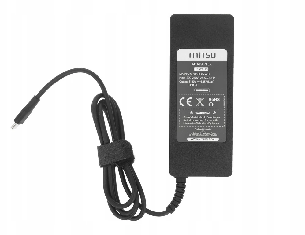 Mitsu 87W USB-C įkroviklis su techninių parametrų etikete