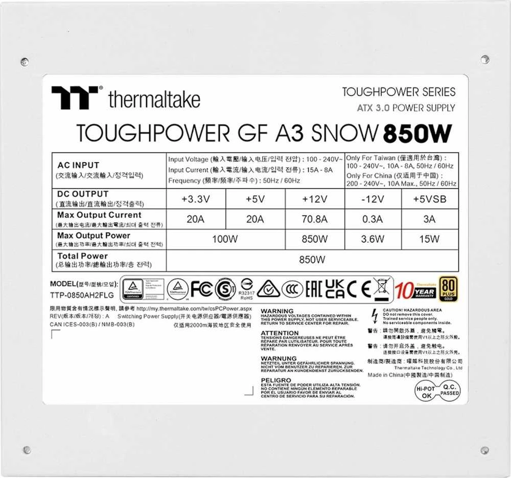 Thermaltake Toughpower GF A3 850W Baltas