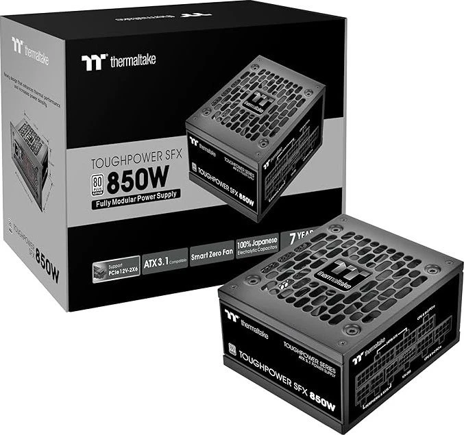 „Thermaltake Toughpower SFX Platinum 850W“, kompiuterio maitinimo šaltinis - juodas, 1x 12VHPWR, 2x PCIe, laidų valdymas, 850 vatų