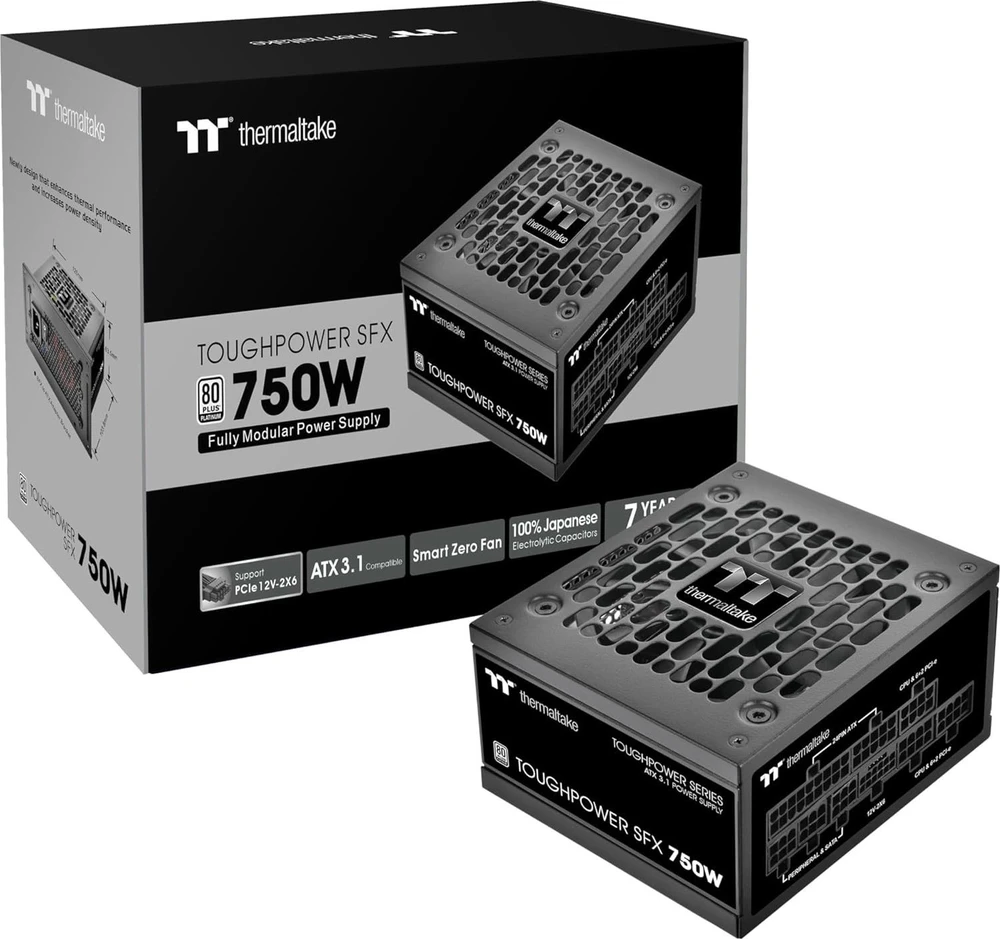 „Thermaltake Toughpower SFX Platinum 750W“, kompiuterio maitinimo šaltinis - juodas, 1x 12VHPWR, 2x PCIe, laidų valdymas, 750 vatų
